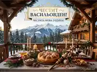 Празнична картичка за Васильовден и Нова година: уютна трапеза в планинска хижа със заснежен пейзаж.
