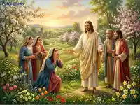 Исус Христос сред последователи в пролетна градина, изпълнена с цветя и светлина.