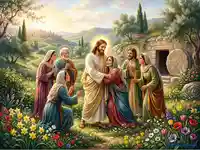 Възкресението на Исус Христос: Среща с Мария Магдалена и учениците в градината до отворената гробница.