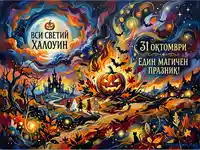 Хелоуин картичка с тиква, замък и деца в костюми, празнуваща 31 октомври.