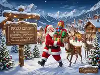 Весела Коледа: Дядо Коледа и елени с подаръци в заснежено планинско село под звездно небе.