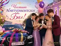 Абитуриентски бал с украсена кола, балони и празничен надпис