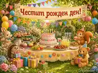 Весел детски рожден ден в градина с торта, животни, подаръци и банер „Честит рожден ден!“