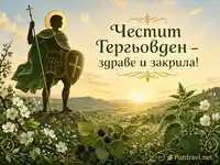 Свети Георги над озарена долина на изгрев с надпис „Честит Гергьовден – здраве и закрила!“