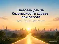 Изгрев над път към град и индустрия с послание за безопасност и здраве при работа
