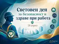 Световен ден за безопасност и здраве при работа с работник, защитни символи и индустриален градски фон