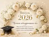 Елегантна картичка за Випуск 2026 с бели рози, злато и абитуриентска шапка