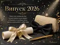 Елегантна картичка за Випуск 2026 с диплом, папийонка и златни конфети
