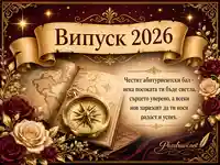 Елегантна картичка за Випуск 2026 с компас, рози и пожелание за абитуриентски бал