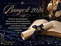 Луксозна картичка за Випуск 2026 с диплома, книга и златно пожелание