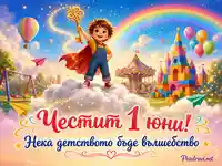 Приказна картичка за 1 юни с дъга, вълшебен ключ и радостно детство