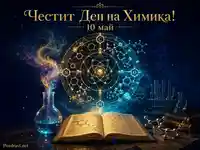 Честит Ден на Химика – 10 май, магична лаборатория с молекули, формули и сияен научен символ
