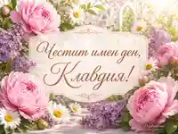 Нежна картичка за имен ден на Клавдия с божури, люляк и златист ръкописен надпис