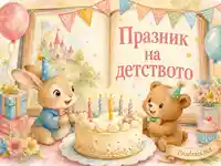 Акварелна детска сцена с торта, зайче и мече