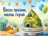 Детски рожден ден с приключенска торта и надпис за малък герой