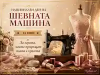 Национален ден на шевната машина с елегантна рокля, ретро машина и празничен надпис