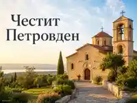 Честит Петровден с каменна църква в утринна светлина