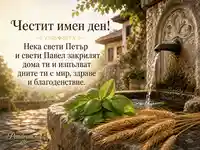 Петровденска картичка с каменна чешма, босилек и житни класове