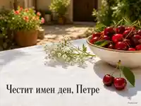 Слънчева картичка за Петровден с череши и надпис за Петър