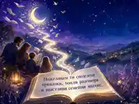 Магическа картичка за Деня на четенето с книга, луна и семейно пожелание