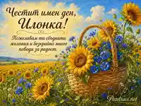 Слънчева картичка за Илинка с кошница, слънчогледи и сини метличини