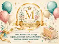 Изискана картичка за рожден ден с монограм, балони и златна лента