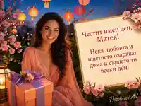 Празнична картичка за имен ден на Матея с цветни фенери и прасковени цветове