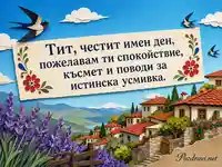 Лятна хартиена картичка за имен ден на Тит с лавандула и селце