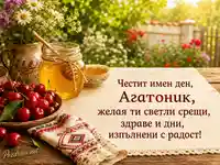 Лятна картичка за Св. мчк Агатоник с череши, мед и българска шевица