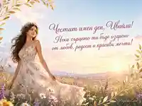 Нежна картичка за имен ден на Ивайла сред диви цветя и златист изгрев