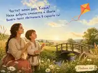 Нежна картичка за имен ден на Кирик с майка, хвърчило и слънчева поляна