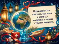 Картичка за Световния ден на хуманитарната помощ със символи на солидарност