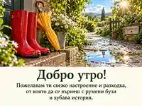 Добро утро с червени ботуши, жълт чадър и слънчева градинска пътека