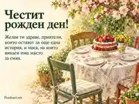 Акварелна картичка за рожден ден с ягодова торта и градинско празненство