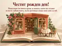 Топла рожденденска картичка с pop-up книжарница, книга, торта и уютно пожелание