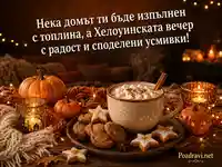Уютна Хелоуинска картичка с какао, тикви, свещи и споделени усмивки